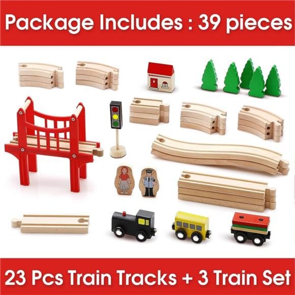Wooden Train Set for Toddler - 39 Pcs- with Wooden Tracks fits Thomas, fits Brio - Picture 3 of 7